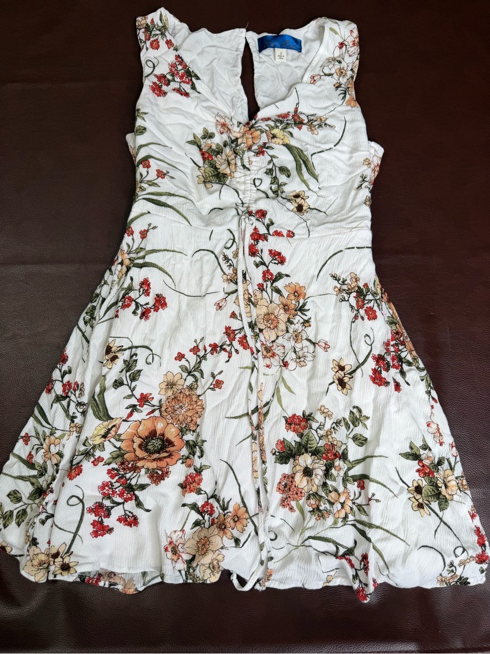 Blue rain White Floral Tie-Waist Dress